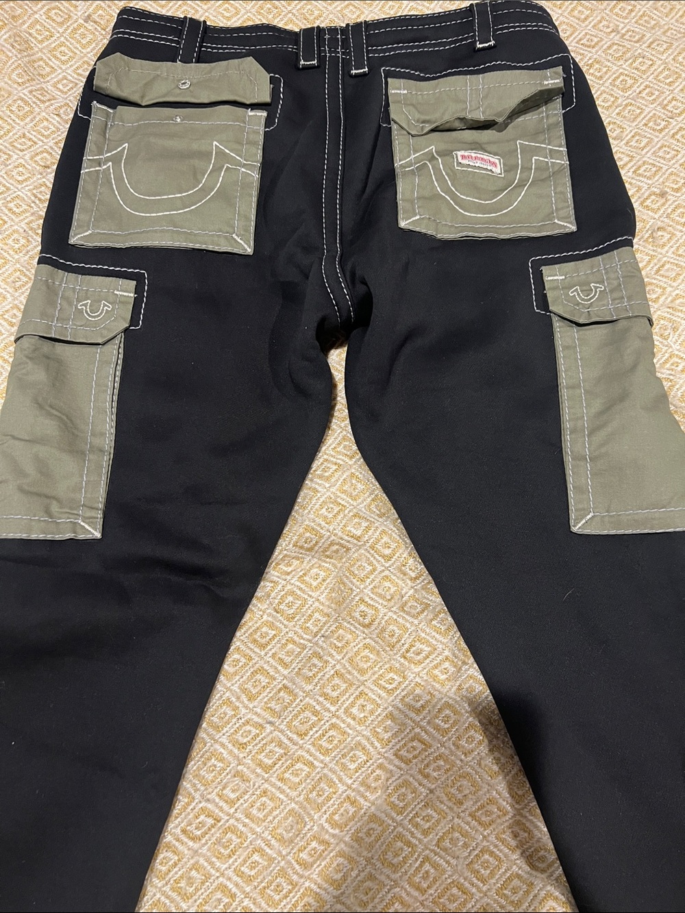 True Religion Black Cargo Pants with Olive Patch Pockets
